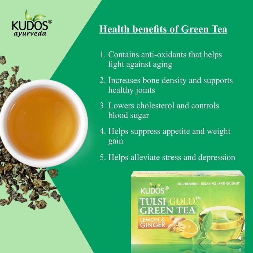 Kudos TULSI GOLD GREEN Refreshing ,Relaxing ,Anti Oxidant Tea :Helps Boost Immunity,Loose Weight,Burn Fat, Zero Calorie Tulsi Tea : 25 Tea Bags X2gram Each (Pack of 3) view 3