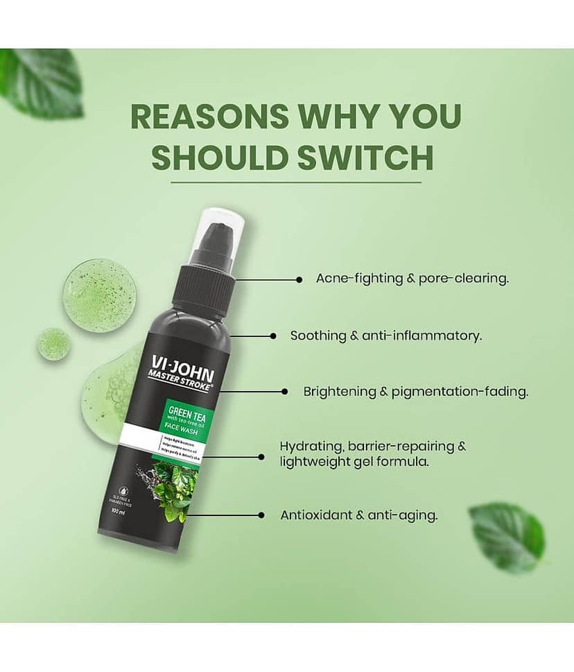 Vi-John Master Stroke Green Tea Face Wash Brightening Skin And Improving Texture For All Skin Type, 100ml (Pack of 1) view 2