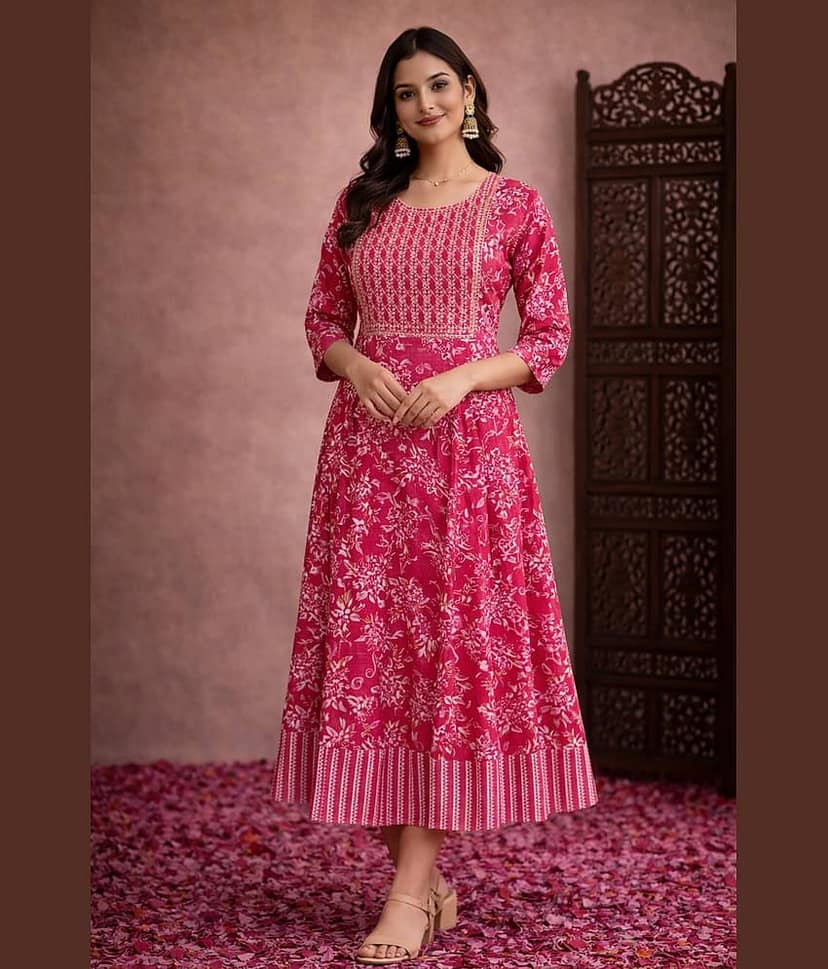 Aarika Women Cotton Blend Embroidered Fit & Flare Dress ( Pink )
