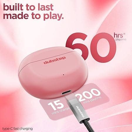 Dubstep Buzz X12 TWS Earbuds, 60H Playtime, Bluetooth 6.0 Wireless Earbuds with ENC Noise Cancellation, Type-C Fast Charging (Pink) view 5