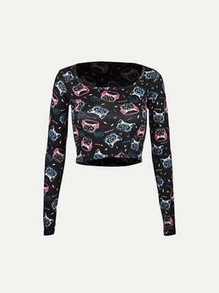 Women Black All Over Printed cropped Full Sleeve T shirts