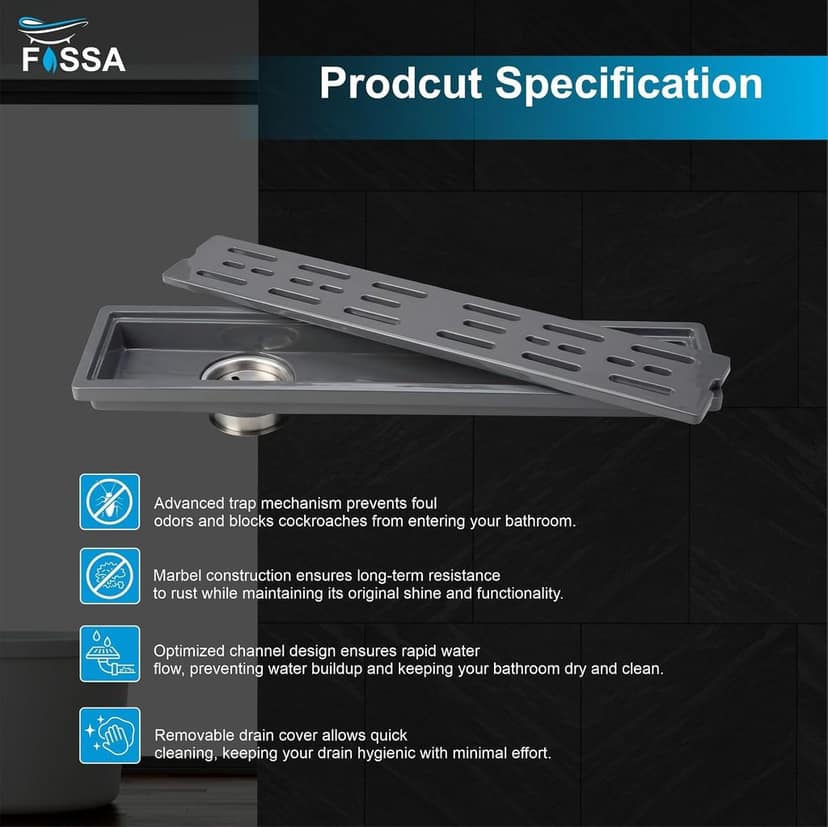 Ceramic (24 x 4 Inches) Melamine Shower Channel Floor Drain Grey Glossy Finish (RG-220) view 2