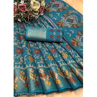 Sky Blue Colour Cotton Printed Saree With Blouse Piece