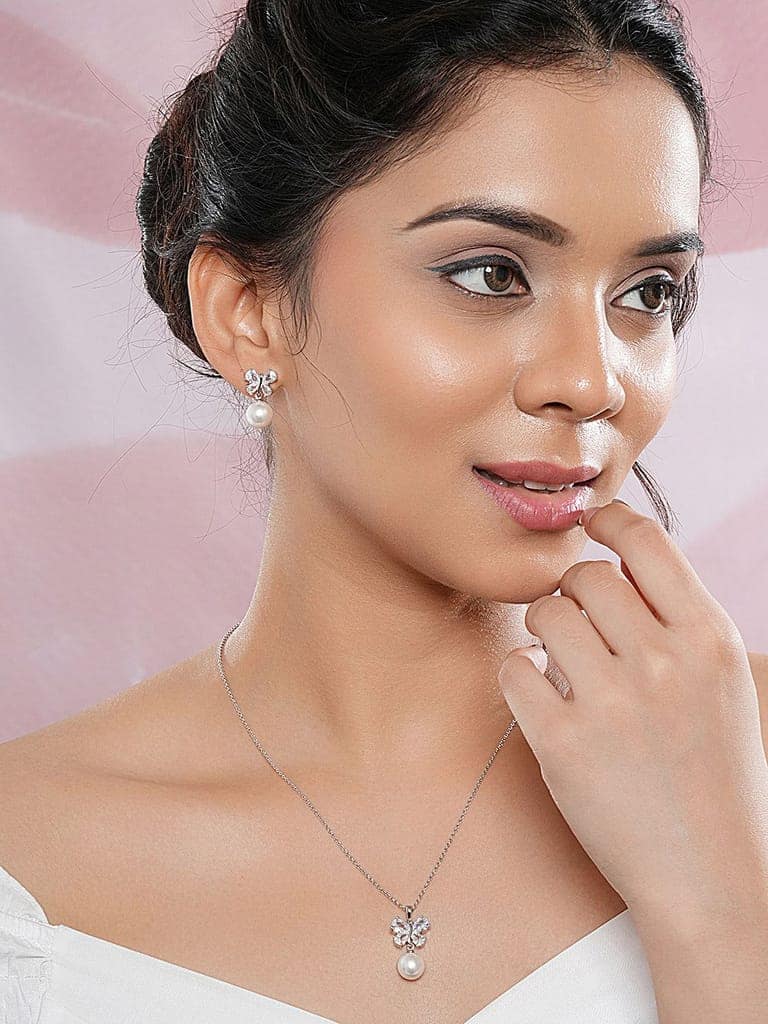 Elegant Pearl & Butterfly Pendant with Matching Earrings view 2