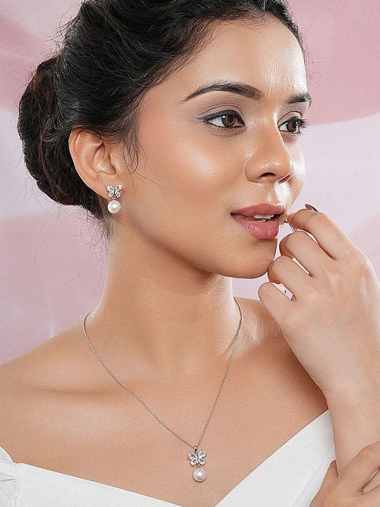 Elegant Pearl & Butterfly Pendant with Matching Earrings view 5