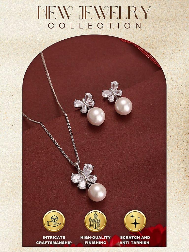 Elegant Pearl & Butterfly Pendant with Matching Earrings view 7