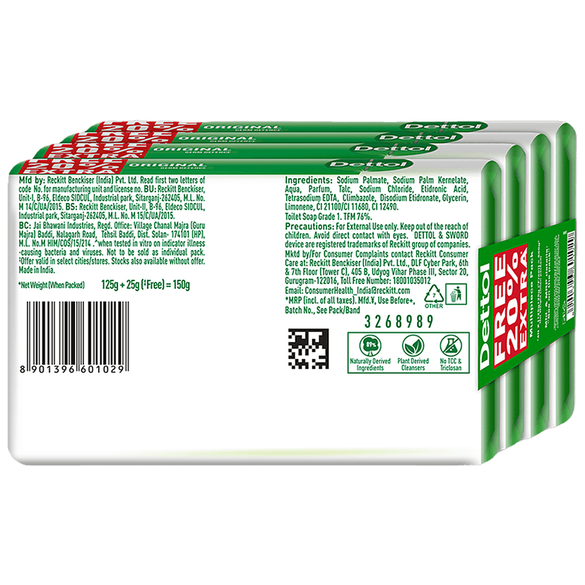 Dettol Bathing Soap Bar - Original, 99.99% Germ Protection, Dermatologically Tested, 125 Gram (Pack Of 4) view 2