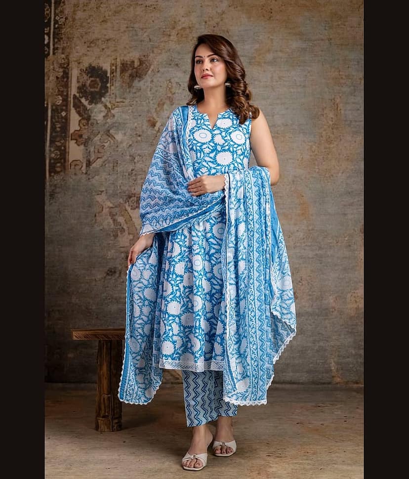 Shivaradhya designers Women Cotton Printed Anarkali Kurti With Pants ( Aqua Blue )