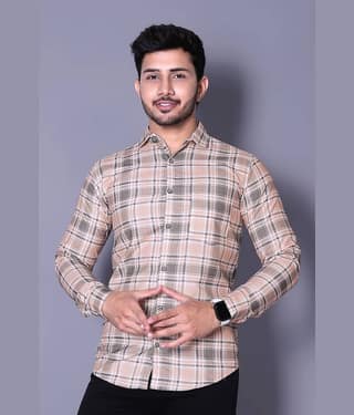 MOUDLIN Cotton Blend Slim Fit Checks Full Sleeves Men's Casual Shirt - Beige ( Pack of 1 )