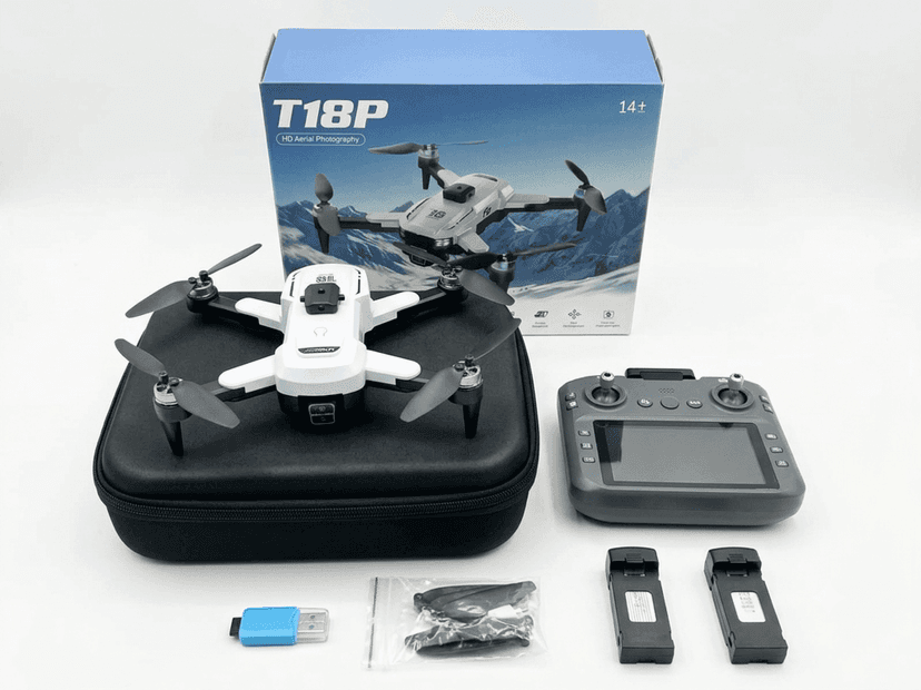 T18P HD Aerial Photography Drone with Brushless Motor, Dual Camera & Optical Flow Positioning | Includes Big Screen Remote, 2x Batteries & Memory Card | LED Lights, Perfect Birthday Gift for Beginners