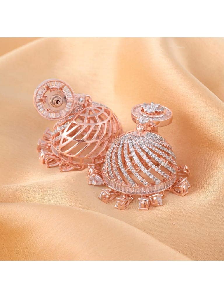 Rose Gold plated AD studded handcrafted Dome shaped Jhumka for Women & Girls view 2
