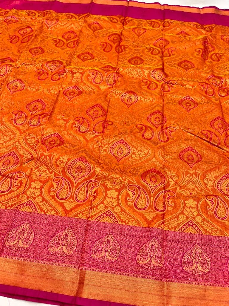 Dark Orange Color Grand Floral & Mango Design Saree with Unstitched Blouse view 2