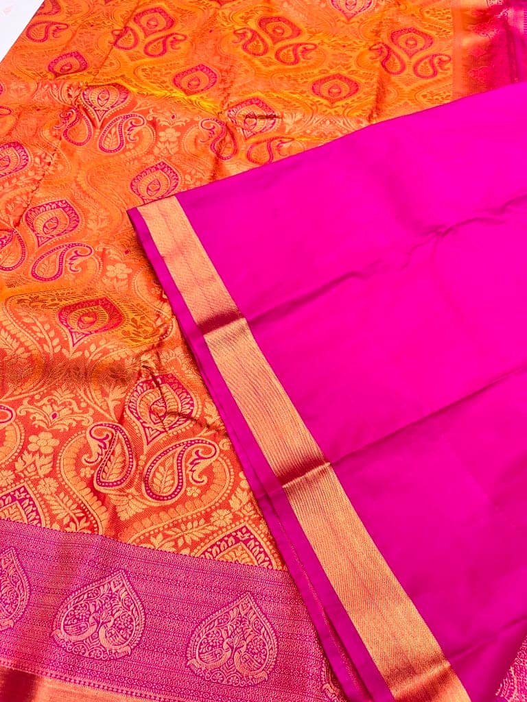 Dark Orange Color Grand Floral & Mango Design Saree with Unstitched Blouse view 3