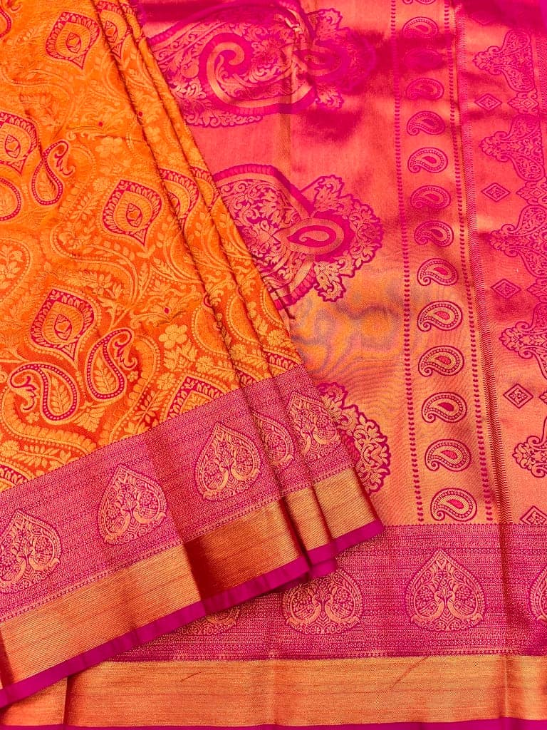 Dark Orange Color Grand Floral & Mango Design Saree with Unstitched Blouse view 4