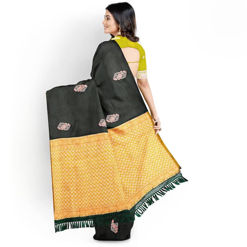 Dark Green with Yellow Color Silver & Copper Zari Butta with Contrast Blouse view 2
