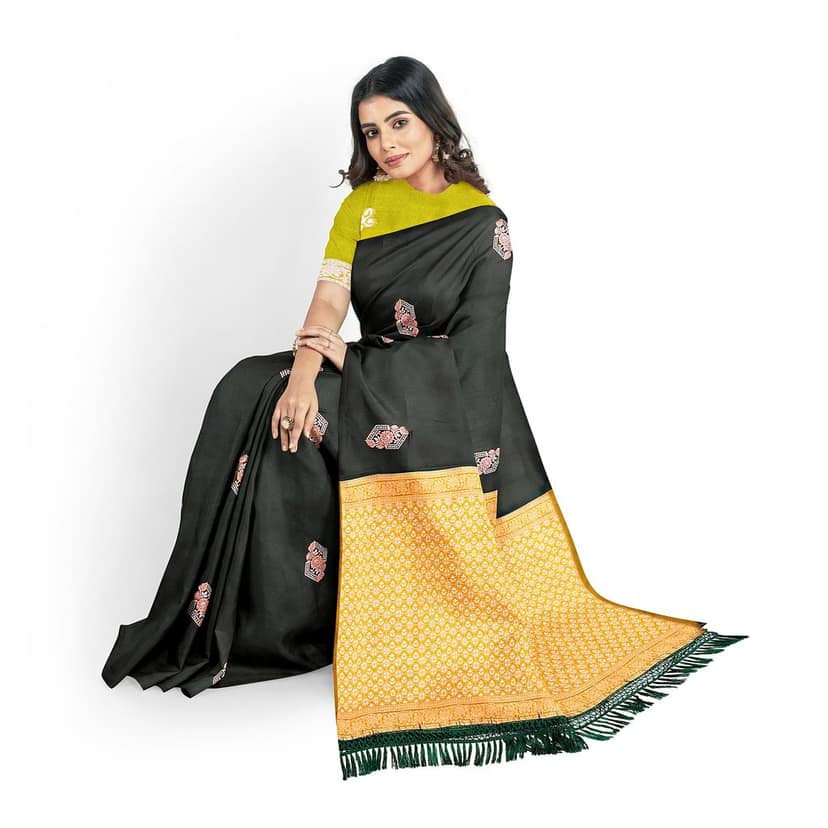 Dark Green with Yellow Color Silver & Copper Zari Butta with Contrast Blouse view 3