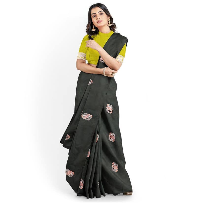 Dark Green with Yellow Color Silver & Copper Zari Butta with Contrast Blouse view 4