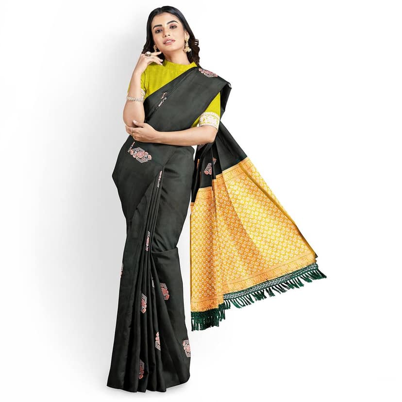 Dark Green with Yellow Color Silver & Copper Zari Butta with Contrast Blouse view 6