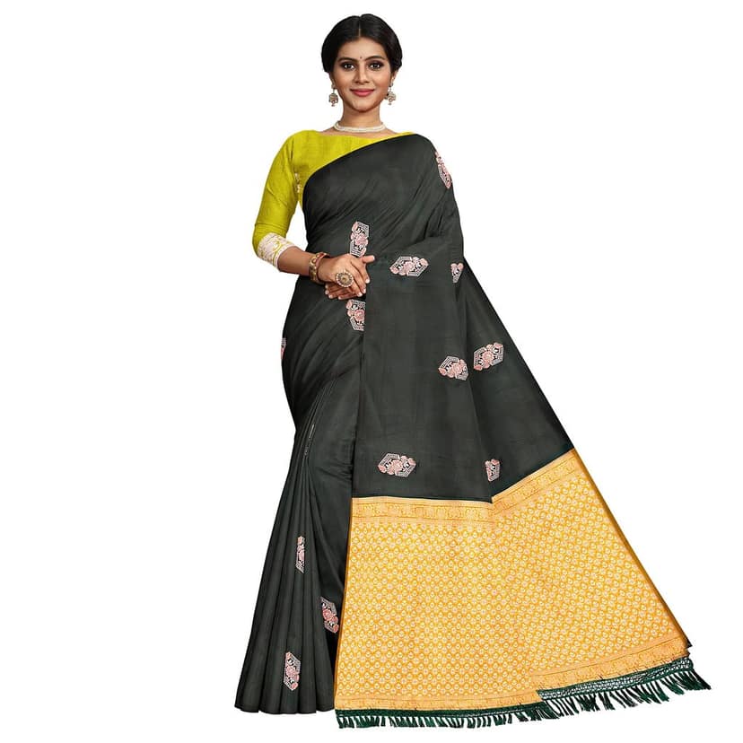 Dark Green with Yellow Color Silver & Copper Zari Butta with Contrast Blouse view 7
