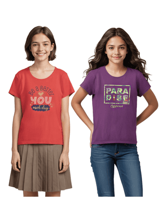 Girls T-Shirt Hibiscus Red / Sparking Grape Violet, Soft Cotton, Ages 7-14 (2pcs pack)