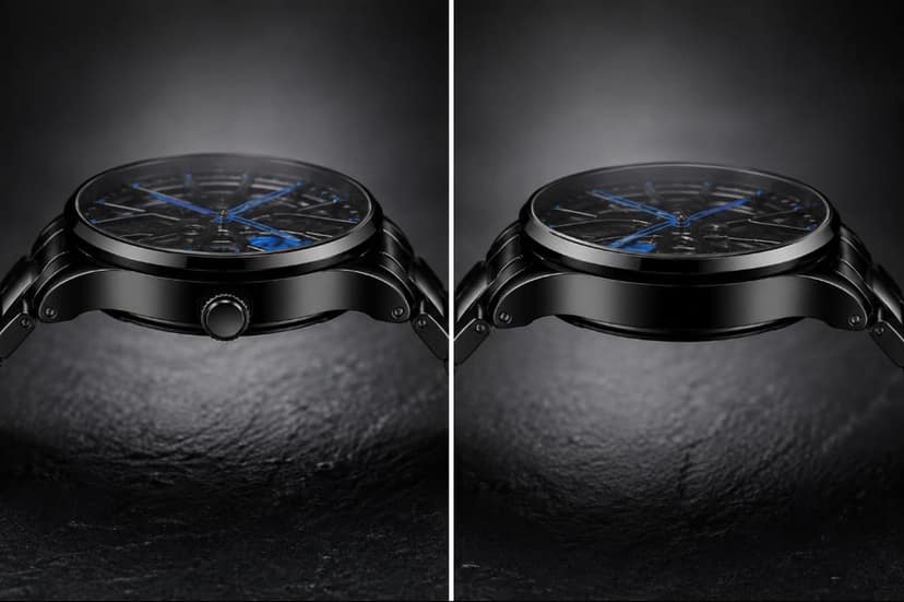 Car Wheel Rim Design Analog Men's Watch | Sports Car Hub & Blue Brake Caliper Dial Stainless Steel Wrist Watch 360 rotating view 3