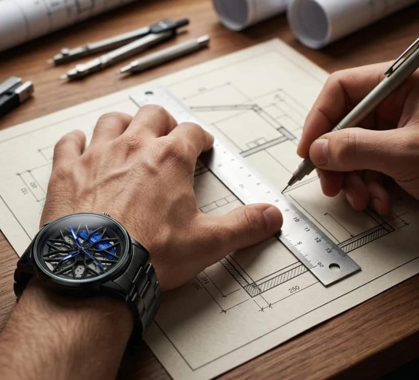 Car Wheel Rim Design Analog Men's Watch | Sports Car Hub & Blue Brake Caliper Dial Stainless Steel Wrist Watch 360 rotating view 4