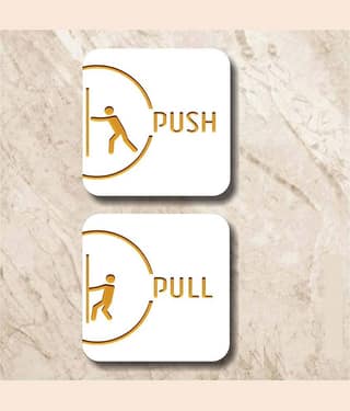 Asmi Collection White & Gold Self Adhesive Acrylic Pull Push Sign Wall Sticker ( 12 x 12 cms )