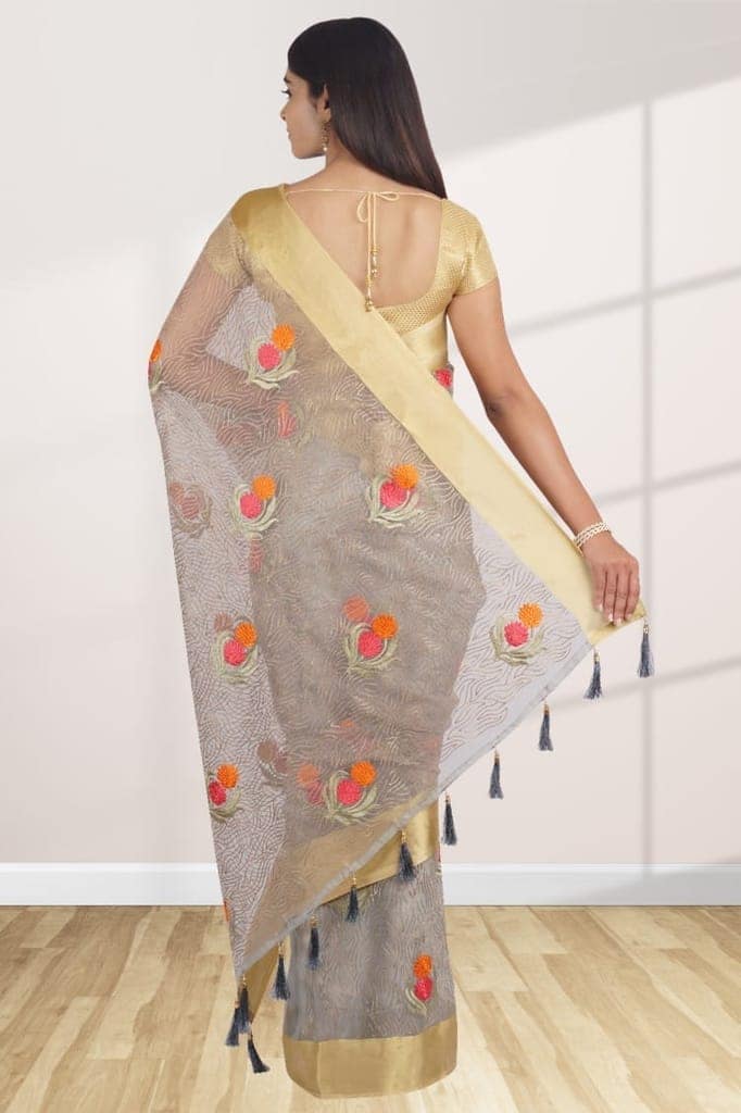 Grey Organza Saree With Woven Design view 2