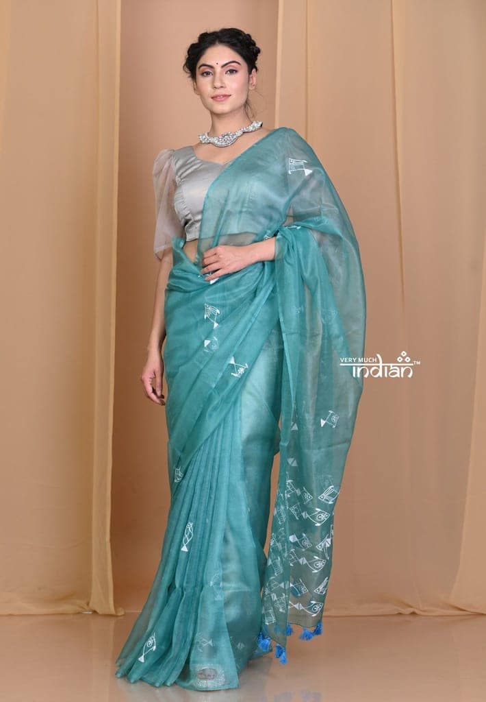 Pehal~ EXCLUSIVE! Peacock Green Organza Saree with Hand Embroidery