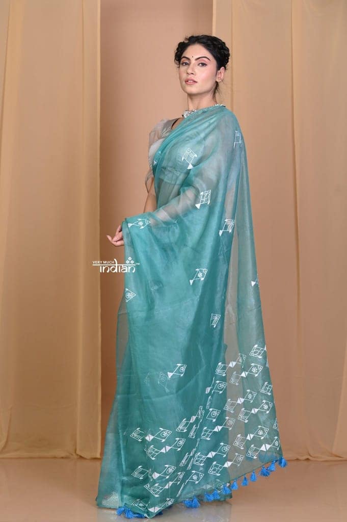 Pehal~ EXCLUSIVE! Peacock Green Organza Saree with Hand Embroidery view 2