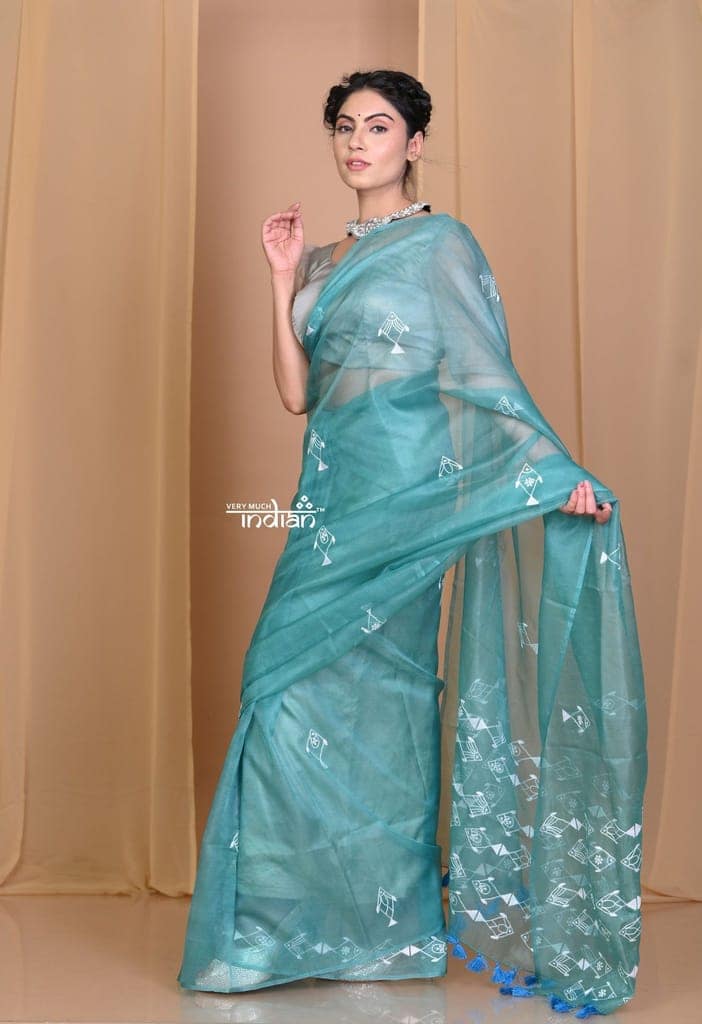 Pehal~ EXCLUSIVE! Peacock Green Organza Saree with Hand Embroidery view 3