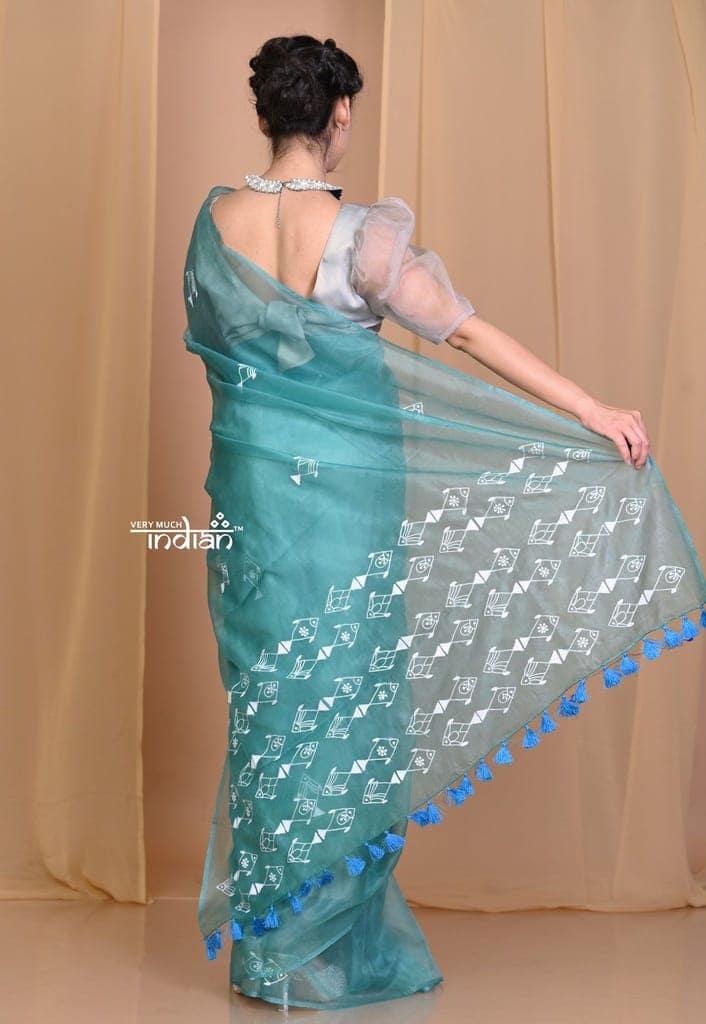 Pehal~ EXCLUSIVE! Peacock Green Organza Saree with Hand Embroidery view 4