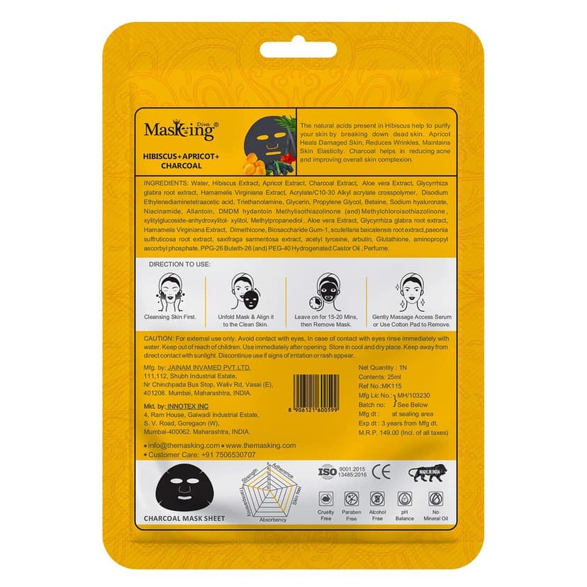 Masking Diva Charcoal Face Sheet Mask Natural Serum Facial Sheet Mask Hibiscus, Apricot & Charcoal for Skin Detox, Cleansing Anti-Ageing (Pack Of 01) Bamboo Charcoal Mask Sheet view 2