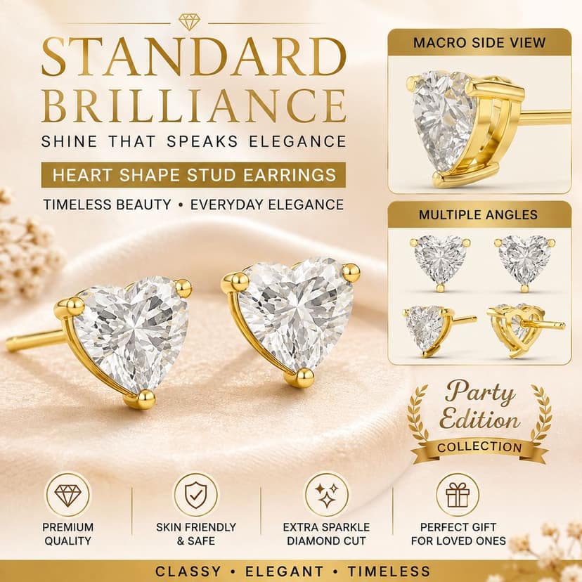Premium Gold Heart Stud Earrings for Women | Anti Tarnish Heart Shape Diamond Look Earrings | Aesthetic Heart Earrings | Stylish Heart Studs for Girls & Kids | Daily Wear Fashion Jewellery (1 Pair)