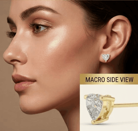 Premium Gold Heart Stud Earrings for Women | Anti Tarnish Heart Shape Diamond Look Earrings | Aesthetic Heart Earrings | Stylish Heart Studs for Girls & Kids | Daily Wear Fashion Jewellery (1 Pair) view 10