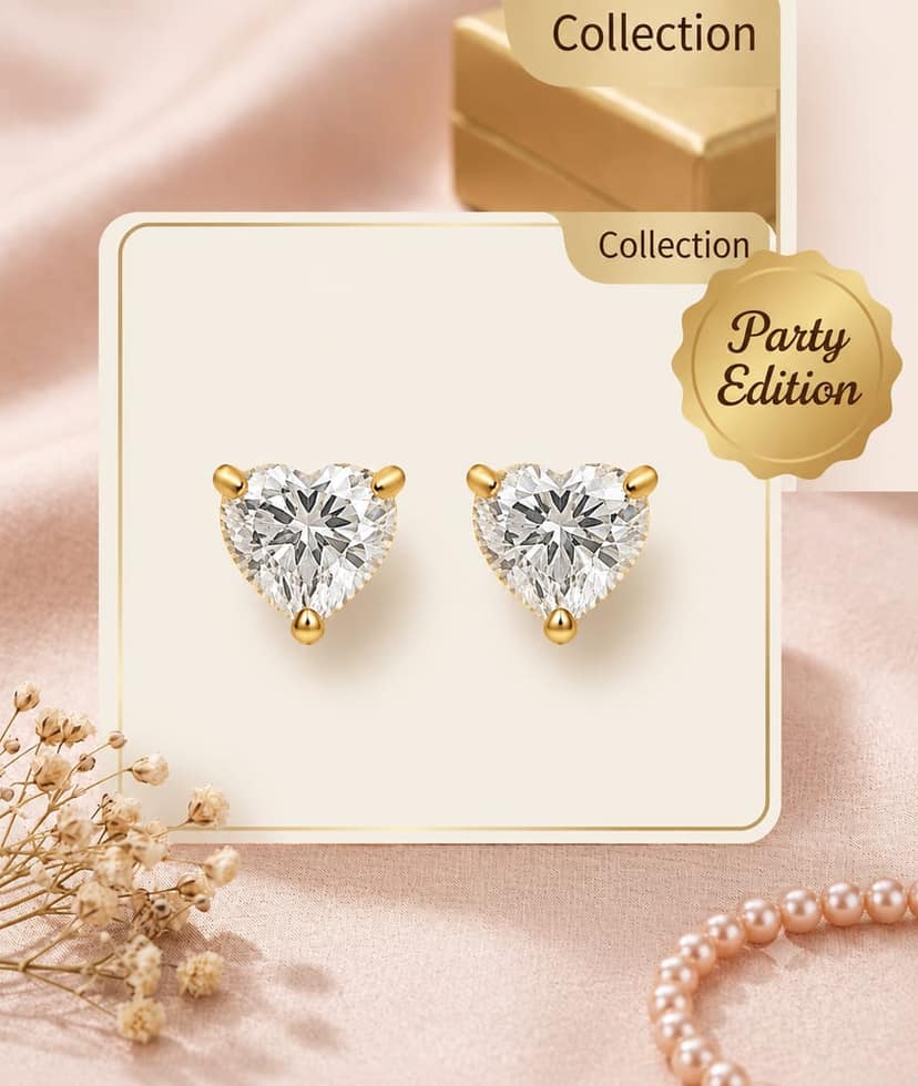 Premium Gold Heart Stud Earrings for Women | Anti Tarnish Heart Shape Diamond Look Earrings | Aesthetic Heart Earrings | Stylish Heart Studs for Girls & Kids | Daily Wear Fashion Jewellery (1 Pair) view 2