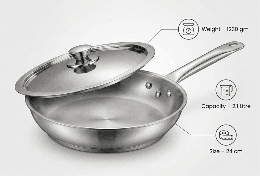 WEKTU Premium Stainless Steel Frypan with Stainless Steel Lid – Heavy Gauge Induction Bottom Frying Pan with 3-Rivet Cool Touch Handle | Mirror Finish Skillet for Gas & Induction Stove view 2