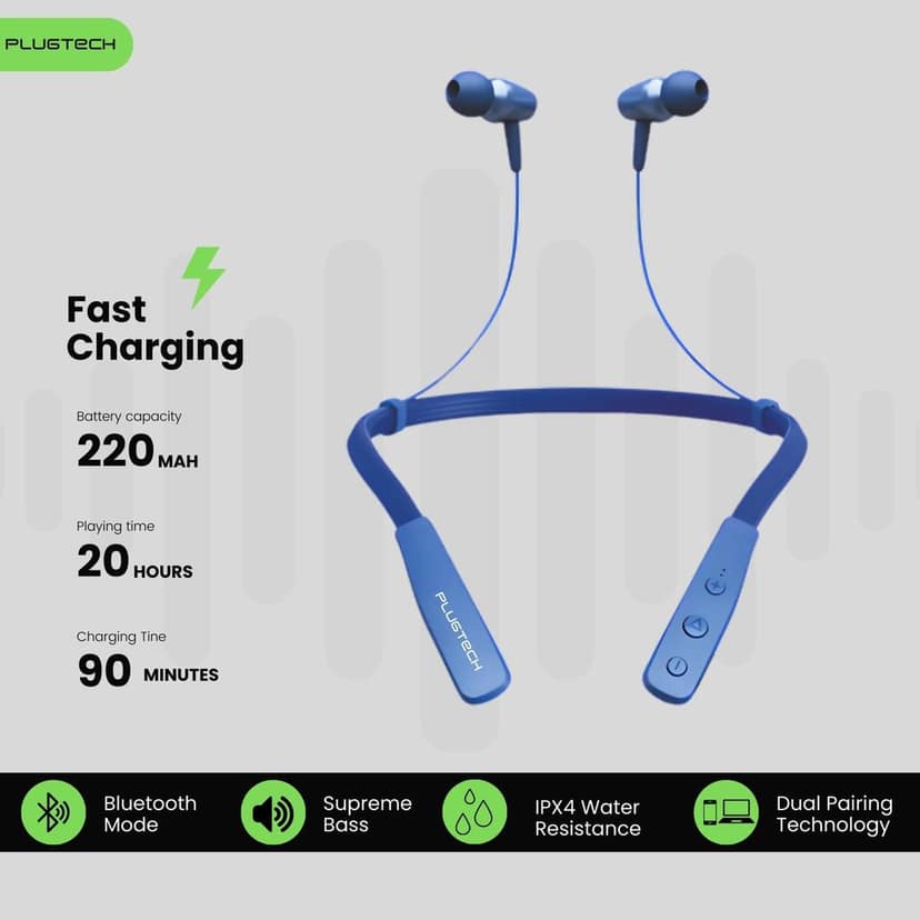 PLUGTECH Go Neck Pro Wireless Earphones. Bluetooth Earphones, Powerful Bass, HD Sound, Upto 15hrs Playtime, Charging Time Upto 4 hrs and Proudly Made in India Blue view 4