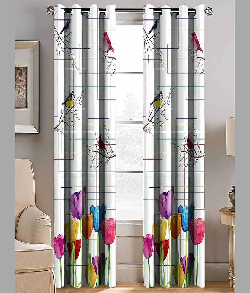 BELLA TRUE Printed Digital Printed Semi-Transparent Curtain 7 ft Pack of 2 White