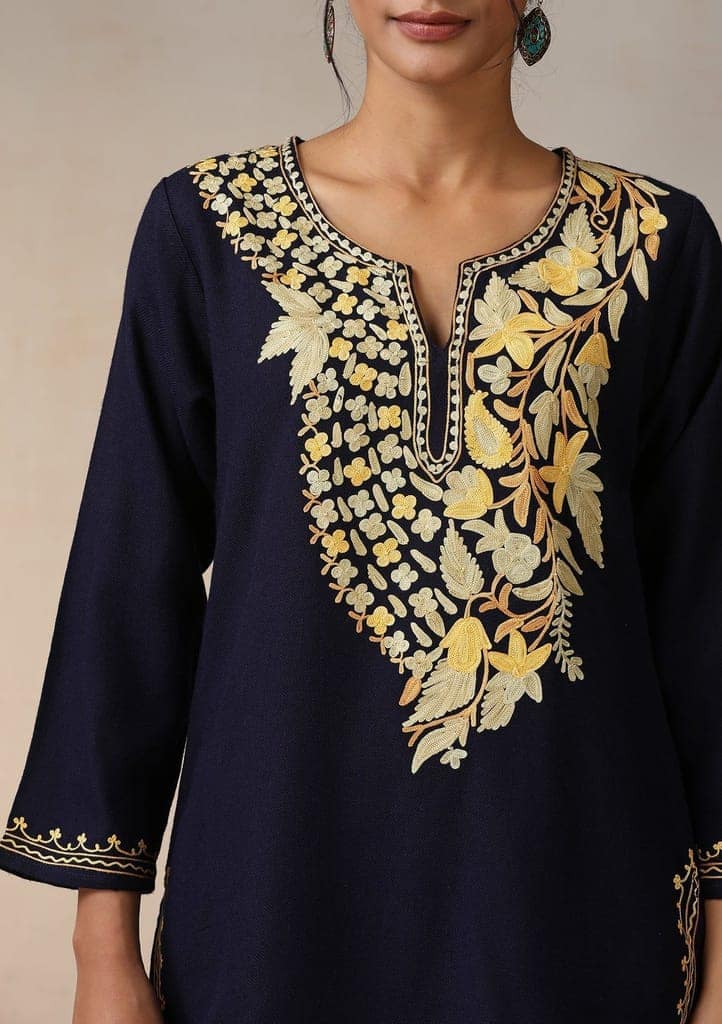 HOC Crafts Aari Embroidered Woollen Solid Women's Short Kurta - Navy Blue view 3