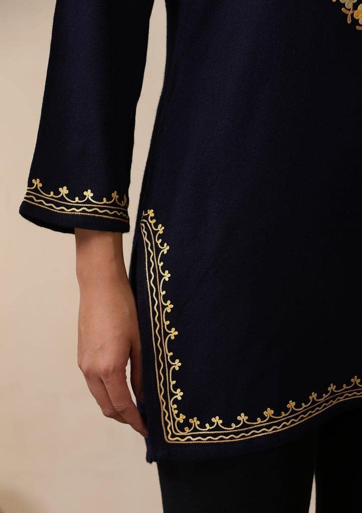 HOC Crafts Aari Embroidered Woollen Solid Women's Short Kurta - Navy Blue view 4