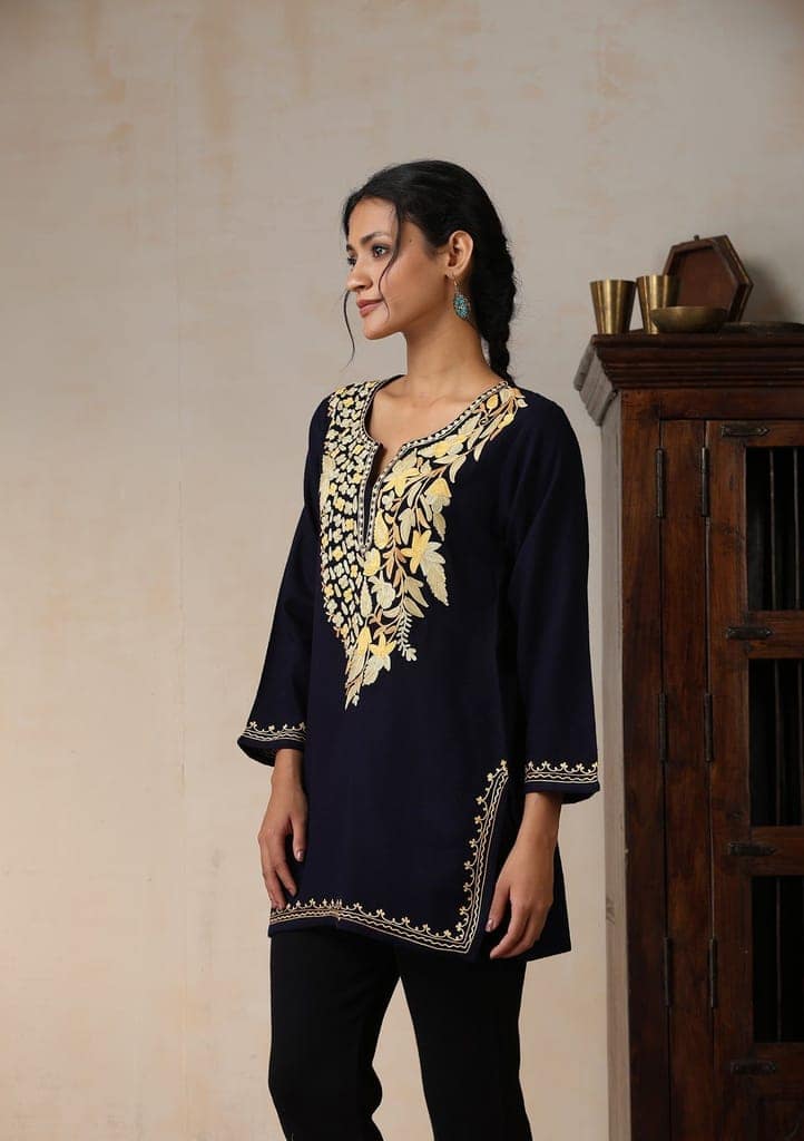 HOC Crafts Aari Embroidered Woollen Solid Women's Short Kurta - Navy Blue view 5