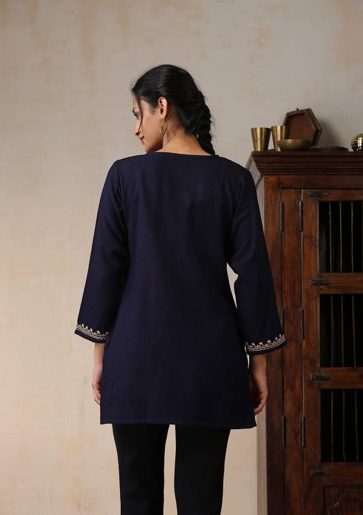 HOC Crafts Aari Embroidered Woollen Solid Women's Short Kurta - Navy Blue view 7