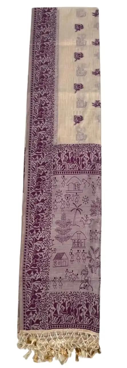 Saura Art Cotton Saree Cream Mauve Elephant Buti Pallu