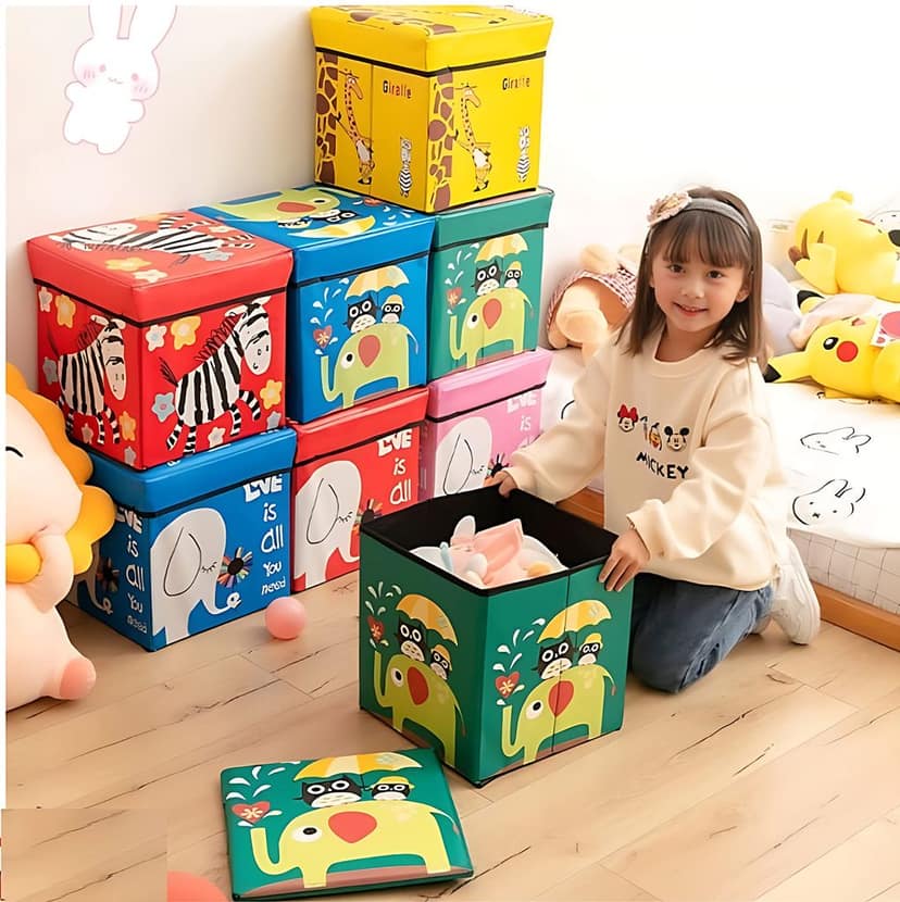 Faircost Kids Folding Multi Purpose Toy Storage Box Cum Chair Cartoon Printed Square Shaped Random Cartoon Print Multi Color view 2