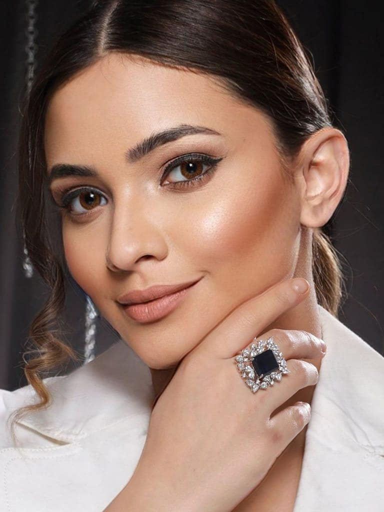 Silver Plated Blue CZ Studded Cocktail Designer Finger Ring