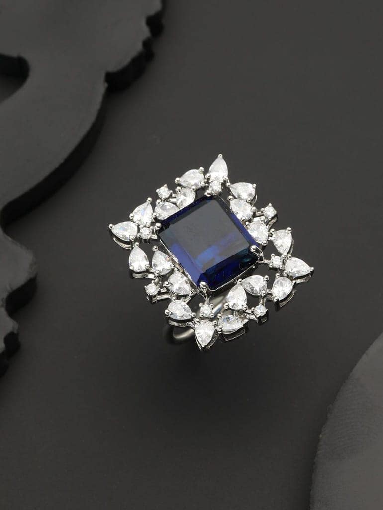 Silver Plated Blue CZ Studded Cocktail Designer Finger Ring view 2