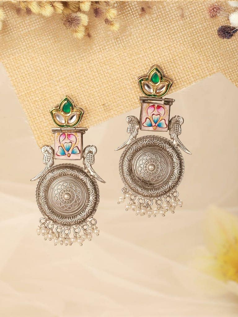 Silver Oxidised Kundan Studded & Enamelled Fusion Statement Long Earrings view 2