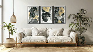 LEAVES AND FLOWER 3 PIECE FRAME 48in X 24in WITH BLACK FRAME