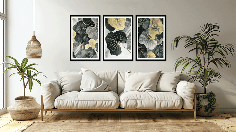 LEAVES AND FLOWER 3 PIECE FRAME 48in X 24in WITH BLACK FRAME
